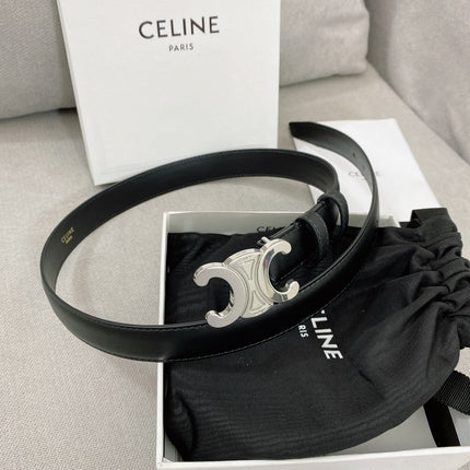 CELINE 25S TRIOMPHE BELT 25MM IN BLACK CALFSKIN SILVER HARDWARE 580680
