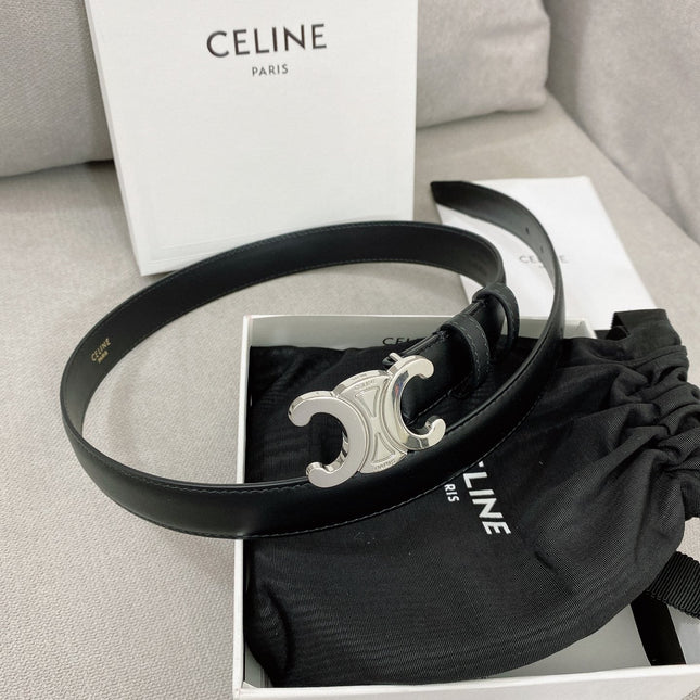 CELINE 25S TRIOMPHE BELT 25MM IN BLACK CALFSKIN SILVER HARDWARE 580680