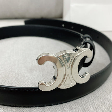 CELINE 25S TRIOMPHE BELT 25MM IN BLACK CALFSKIN SILVER HARDWARE 580680