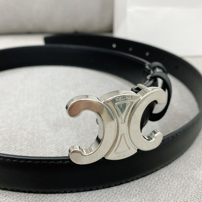CELINE 25S TRIOMPHE BELT 25MM IN BLACK CALFSKIN SILVER HARDWARE 580680