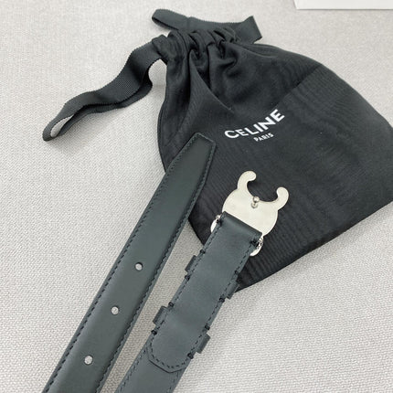 CELINE 25S TRIOMPHE BELT 25MM IN BLACK CALFSKIN SILVER HARDWARE 580680