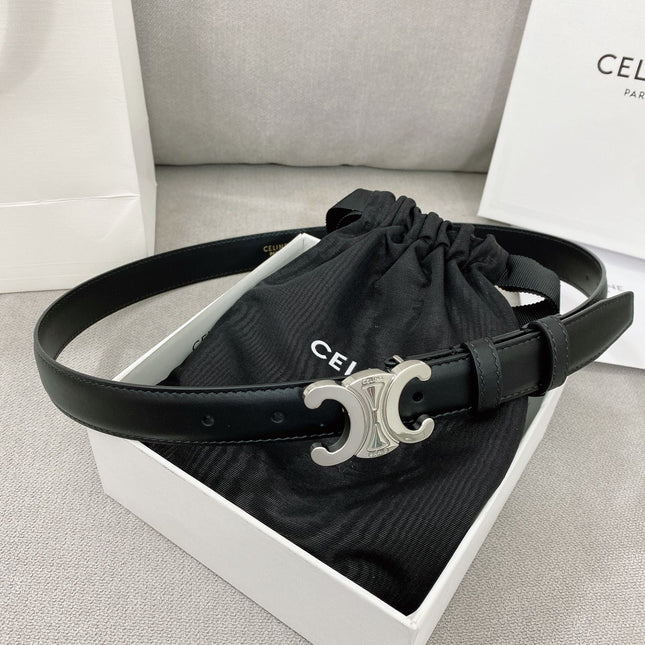 CELINE 25S TRIOMPHE BELT 25MM IN BLACK CALFSKIN SILVER HARDWARE 580680