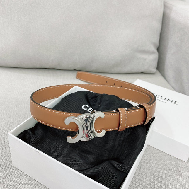CELINE 25S TRIOMPHE BELT 25MM IN BROWN CALFSKIN SILVER HARDWARE 580678