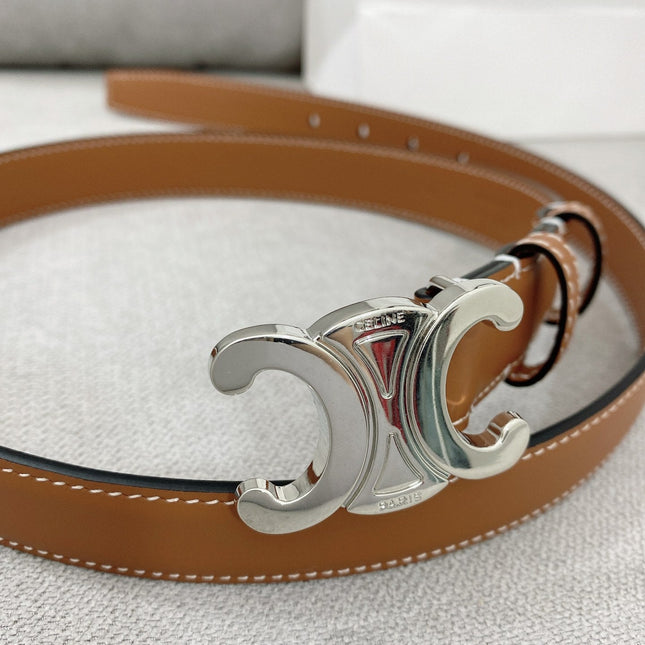CELINE 25S TRIOMPHE BELT 25MM IN BROWN CALFSKIN SILVER HARDWARE 580678