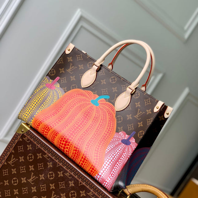LV x YK ONTHEGO 35 IN BROWN MONOGRAM COATED CANVAS AND CALFSKIN PUMPKIN PATTERN