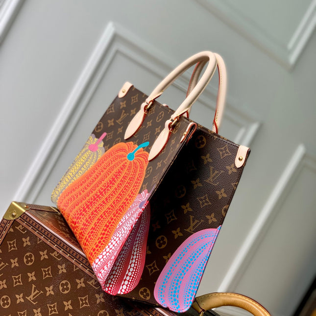 LV x YK ONTHEGO 35 IN BROWN MONOGRAM COATED CANVAS AND CALFSKIN PUMPKIN PATTERN