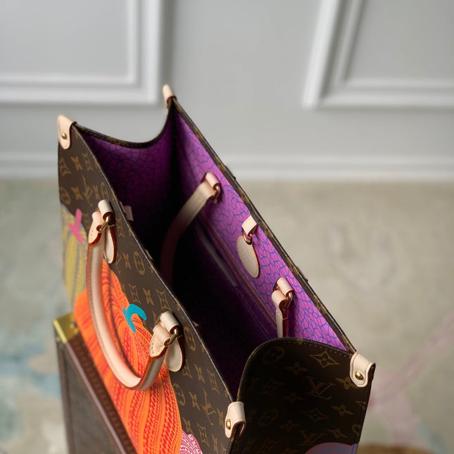 LV x YK ONTHEGO 35 IN BROWN MONOGRAM COATED CANVAS AND CALFSKIN PUMPKIN PATTERN