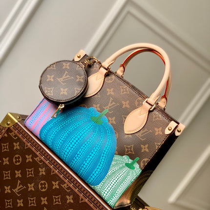 LV x YK ONTHEGO 25 IN BROWN MONOGRAM COATED CANVAS AND CALFSKIN PUMPKIN PATTERN
