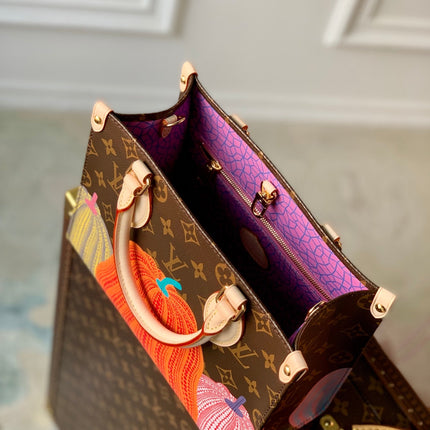 LV x YK ONTHEGO 25 IN BROWN MONOGRAM COATED CANVAS AND CALFSKIN PUMPKIN PATTERN