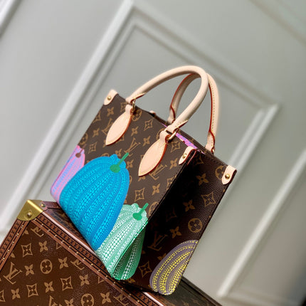 LV x YK ONTHEGO 25 IN BROWN MONOGRAM COATED CANVAS AND CALFSKIN PUMPKIN PATTERN