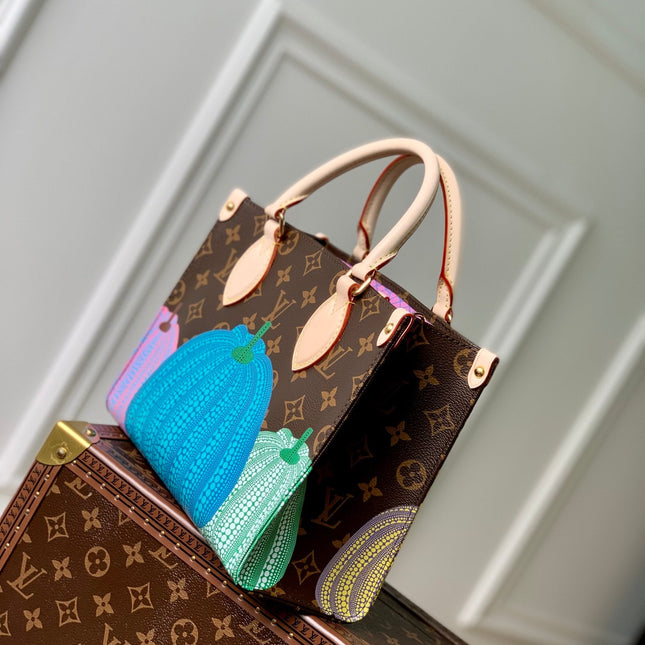 LV x YK ONTHEGO 25 IN BROWN MONOGRAM COATED CANVAS AND CALFSKIN PUMPKIN PATTERN