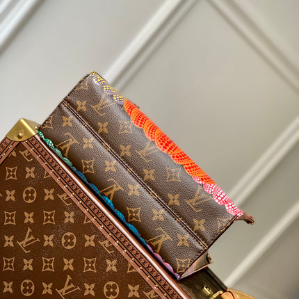 LV x YK ONTHEGO 25 IN BROWN MONOGRAM COATED CANVAS AND CALFSKIN PUMPKIN PATTERN