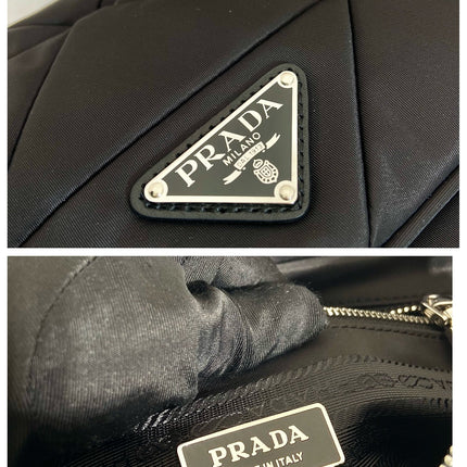 MEDIUM FLAP BAG 24 IN BLACK TRIANGULAR QUILTED PATTERN RE-NYLON