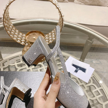 slingback 6.5 glitter silver black grosgrain