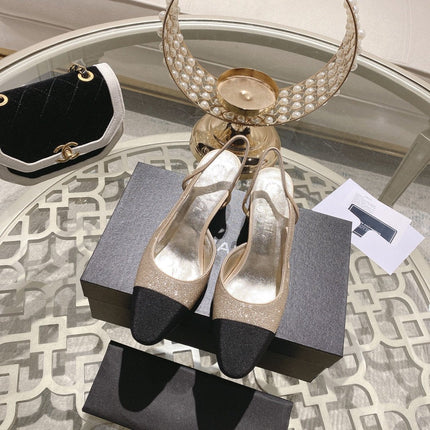 slingback 6.5 glitter beige black grosgrain