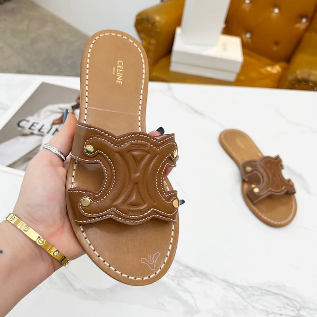 TRIOMPHE SLIDE IN BRONZE BROWN CALFSKIN