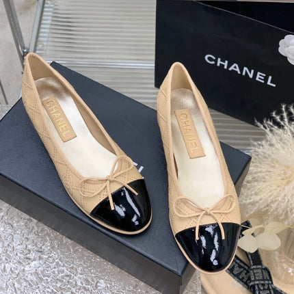 BALLET FLAT GLOSSY BLACK MIX BEIGE LAMBSKIN