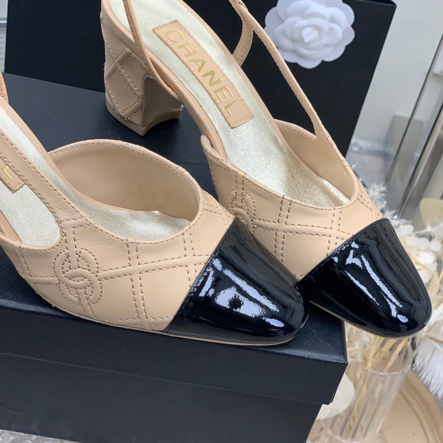 HIGH SLINGBACKS 65 BEIGE CREAM MIX BLACK CALFSKIN