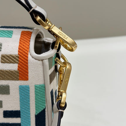 BAGUETTE CANVAS 27 BAG WHITE STRAP WITH MULTICOLOUR EMBROIDERY GOLD HARDWARE