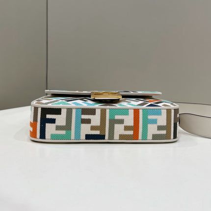 BAGUETTE CANVAS 27 BAG WHITE STRAP WITH MULTICOLOUR EMBROIDERY GOLD HARDWARE