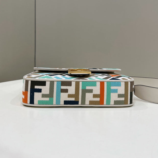 BAGUETTE CANVAS 27 BAG WHITE STRAP WITH MULTICOLOUR EMBROIDERY GOLD HARDWARE