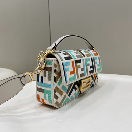 BAGUETTE CANVAS 27 BAG WHITE STRAP WITH MULTICOLOUR EMBROIDERY GOLD HARDWARE