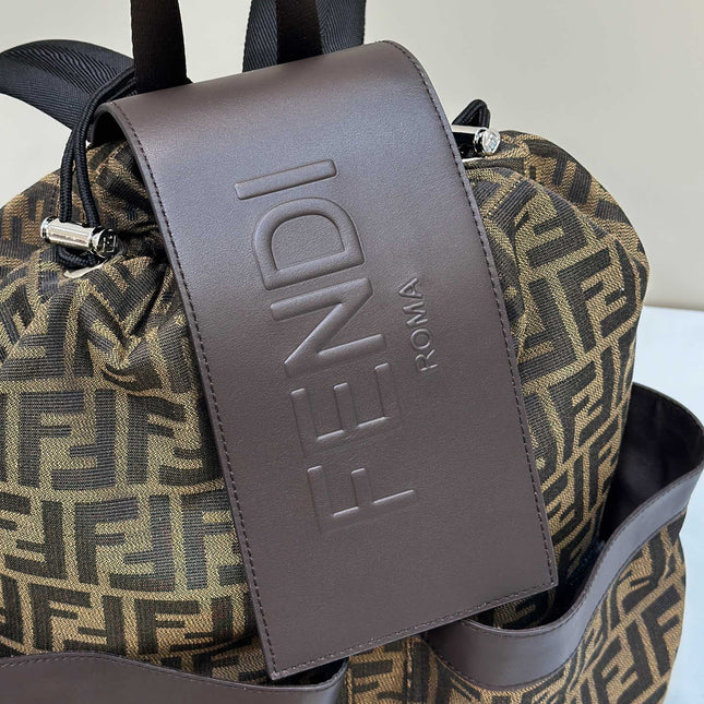 FENDI STRIKE 41 MEDIUM FF MOCHA BROWN JACQUARD FABRIC BACKPACK