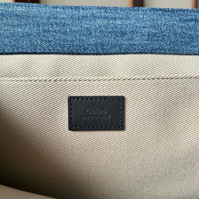 LAGRE WOODY TOTE BAG 45 IN BLUE DENIM BLACK CALFSKIN