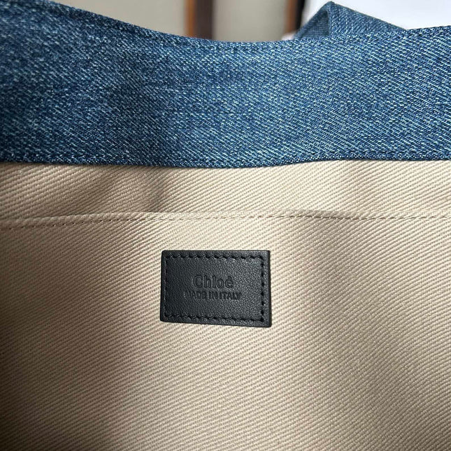 MEDIUM WOODY TOTE BAG 37 IN BLUE DENIM BLACK CALFSKIN