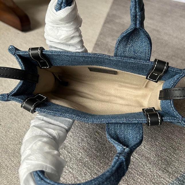 MINI WOODY TOTE BAG 20 IN BLUE DENIM BLACK CALFSKIN