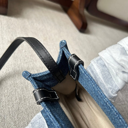 MINI WOODY TOTE BAG 20 IN BLUE DENIM BLACK CALFSKIN