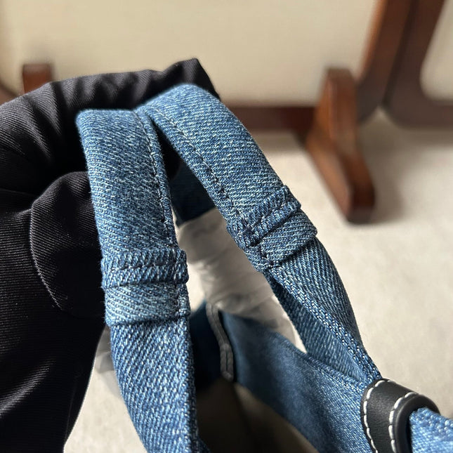 MINI WOODY TOTE BAG 20 IN BLUE DENIM BLACK CALFSKIN