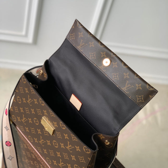 CLUNY MM HANDBAG 33 IN BROWN MONOGRAM CALFSKIN BEIGE BLACK EMBROIDERED LOGO CANVAS