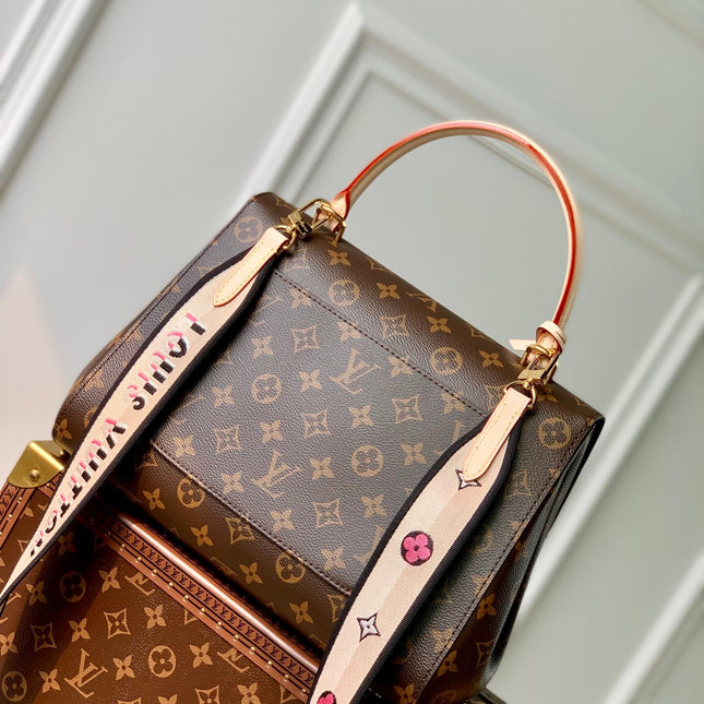 CLUNY MM HANDBAG 33 IN BROWN MONOGRAM CALFSKIN BEIGE BLACK EMBROIDERED LOGO CANVAS
