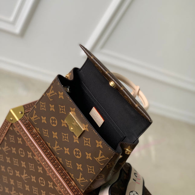 CLUNY BB MINI HANDBAG 20 IN BROWN MONOGRAM CALFSKIN BEIGE BLACK EMBROIDERED LOGO CANVAS