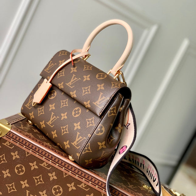 CLUNY BB MINI HANDBAG 20 IN BROWN MONOGRAM CALFSKIN BEIGE BLACK EMBROIDERED LOGO CANVAS