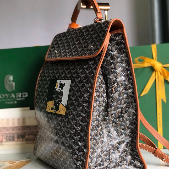 SAINT LÉGER BACKPACK 35 IN BROWN GOYARDINE CANVAS AND CALFSKIN WITH CARTOON PATCH