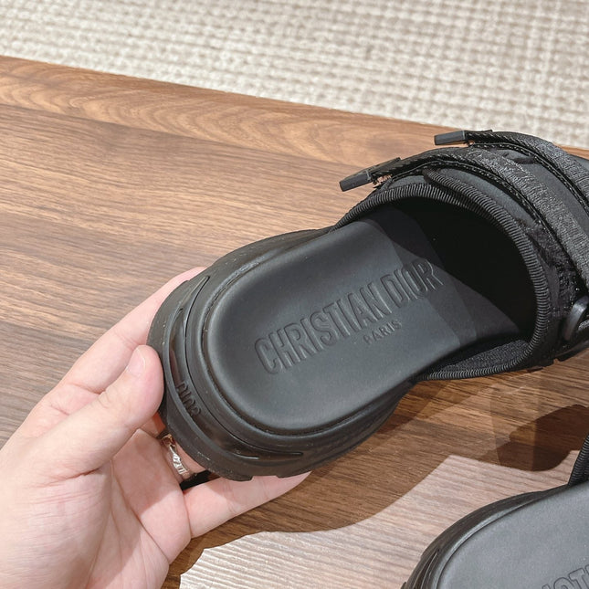 DIOR PLATFORM SLIDES 25S 30 MM IN BLACK FABRIC AND CALFSKIN