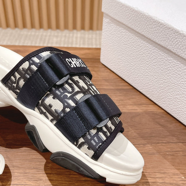 DIOR PLATFORM SLIDES 25S 30 MM IN MIDNIGHT BLUE MIX WHITE FABRIC AND CALFSKIN