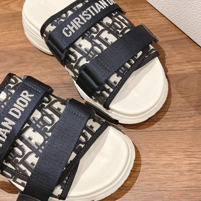DIOR PLATFORM SLIDES 25S 30 MM IN MIDNIGHT BLUE MIX WHITE FABRIC AND CALFSKIN