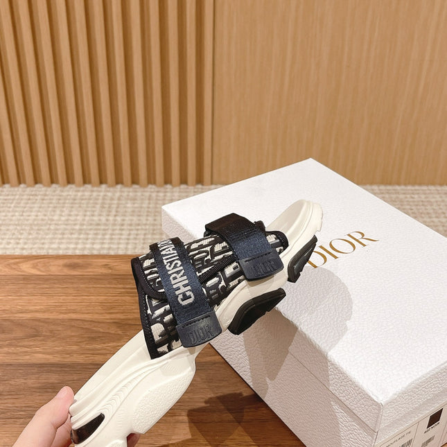 DIOR PLATFORM SLIDES 25S 30 MM IN MIDNIGHT BLUE MIX WHITE FABRIC AND CALFSKIN