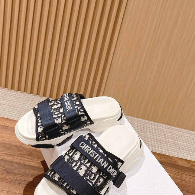 DIOR PLATFORM SLIDES 25S 30 MM IN MIDNIGHT BLUE MIX WHITE FABRIC AND CALFSKIN