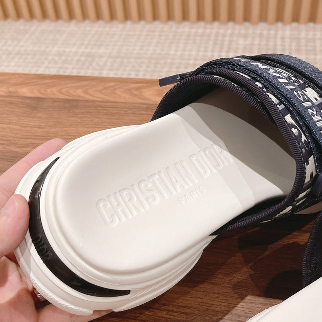 DIOR PLATFORM SLIDES 25S 30 MM IN MIDNIGHT BLUE MIX WHITE FABRIC AND CALFSKIN