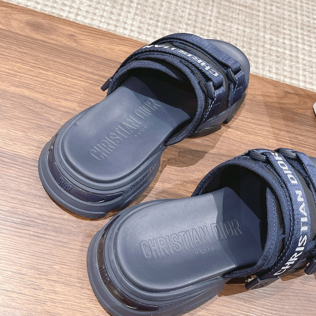 DIOR PLATFORM SLIDES 25S 30 MM IN MIDNIGHT BLUE FABRIC AND CALFSKIN