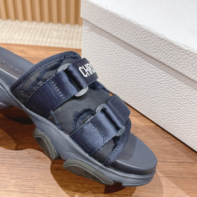DIOR PLATFORM SLIDES 25S 30 MM IN MIDNIGHT BLUE FABRIC AND CALFSKIN