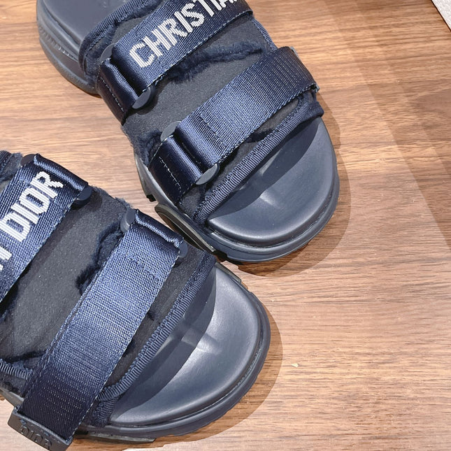 DIOR PLATFORM SLIDES 25S 30 MM IN MIDNIGHT BLUE FABRIC AND CALFSKIN