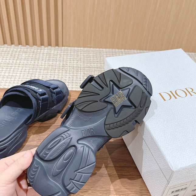 DIOR PLATFORM SLIDES 25S 30 MM IN MIDNIGHT BLUE FABRIC AND CALFSKIN