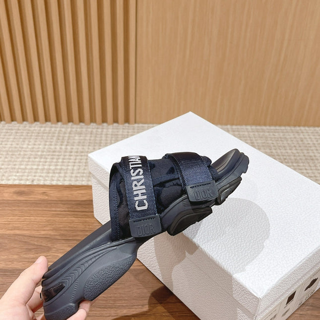 DIOR PLATFORM SLIDES 25S 30 MM IN MIDNIGHT BLUE FABRIC AND CALFSKIN