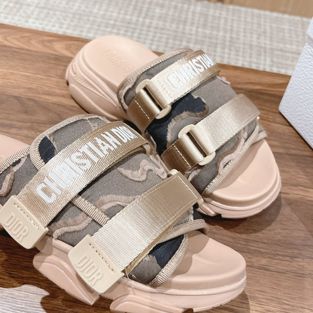 DIOR PLATFORM SLIDES 25S 30 MM IN MOSS GREEN FABRIC AND NUDE CALFSKIN