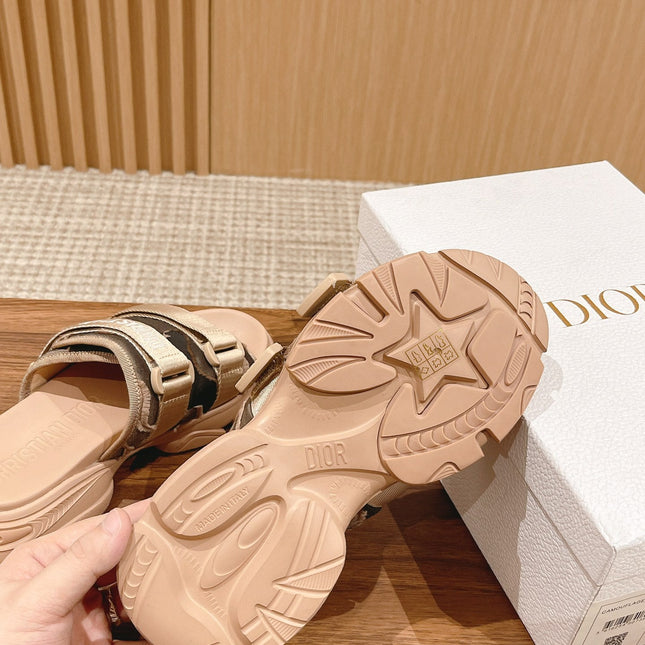 DIOR PLATFORM SLIDES 25S 30 MM IN MOSS GREEN FABRIC AND NUDE CALFSKIN